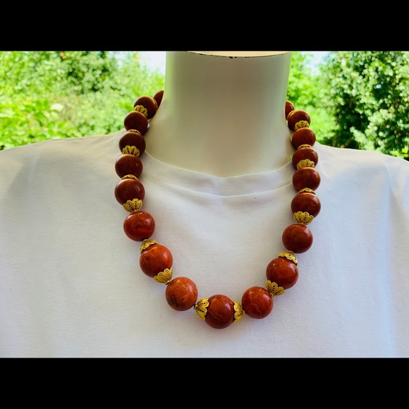 Large size red real Coral balls Necklace & Gold tone real silver Earrings 3 Pc - Picture 14 of 16